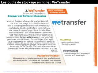 Source : Les Outils collaboratifs / Ethic Etapes
http://www.ethic-etapes.fr/images/upload/portfolio_img/Outils%20collaboratifs%20-%20PDF.pdf
Les outils de stockage en ligne : WeTransfer
 