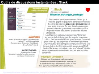 Source : Les Outils collaboratifs / Ethic Etapes
http://www.ethic-etapes.fr/images/upload/portfolio_img/Outils%20collaboratifs%20-%20PDF.pdf
Outils de discussions instantanées : Slack
 