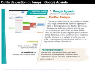 Source : Les Outils collaboratifs / Ethic Etapes
http://www.ethic-etapes.fr/images/upload/portfolio_img/Outils%20collaboratifs%20-%20PDF.pdf
Outils de gestion du temps : Google Agenda
 