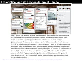 https://www.appvizer.fr/magazine/operations/gestion-de-projet/gestion-de-projet-5-logiciels-gratuits
Les applications de gestion de projet : Trello
 