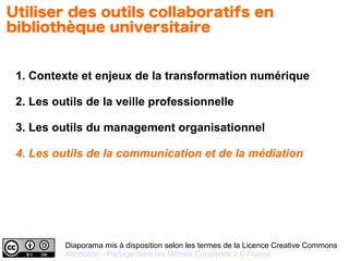 Diaporama mis à disposition selon les termes de la Licence Creative Commons
Attribution - Partage dans les Mêmes Conditions 2.0 France
1. Contexte et enjeux de la transformation numérique
2. Les outils de la veille professionnelle
3. Les outils du management organisationnel
4. Les outils de la communication et de la médiation
Utiliser des outils collaboratifs en
bibliothèque universitaire
 