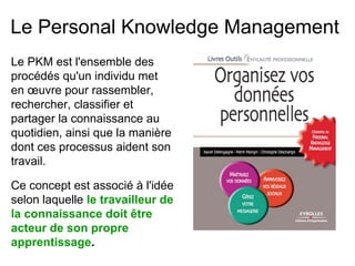 Le PKM est l'ensemble des
procédés qu'un individu met
en œuvre pour rassembler,
rechercher, classifier et
partager la connaissance au
quotidien, ainsi que la manière
dont ces processus aident son
travail.
Ce concept est associé à l'idée
selon laquelle le travailleur de
la connaissance doit être
acteur de son propre
apprentissage.
Le Personal Knowledge Management
 