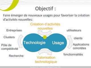 Objectif :
 Faire émerger de nouveaux usages pour favoriser la création
 d’activités nouvelles:
                     Création d’activités
                         nouvelles         utilisateurs
   Entreprises

 Clusters                                                                                 clients
                 Technologie                                Usage                        Applications
Pôle de
compétitivité                                                                            concrètes

     Recherche                                                                    fonctionnalités
                               Valorisation
                              technologique
                   Promotech CEICEI – Formation Living Labs 19– 20 Juillet 2011
                      Promotech – Formation Promotech Labs Janvier 2012
 