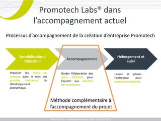 Promotech Labs® dans
                l’accompagnement actuel
Processus d’accompagnement de la création d’entreprise Promotech


       Sensibilisation /                                                                    Hébergement et
                                            Accompagnement
          Détection                                                                              suivi

 Impulser les idées de                 Guider l’élaboration des                           Lancer et piloter
 création dans le sens des             plans d’affaires pour                              l’entreprise     pour
 grandes    tendances   du             l’ajuster aux attentes                             pérenniser l’activité.
 développement                         des financeurs.
 économique.



                              Méthode complémentaire à
                             l’accompagnement du projet

                             Promotech CEI – Formation Promotech Labs – 20 Juillet 2011
 