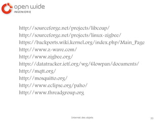 33Internet des objets
http://sourceforge.net/projects/libcoap/
http://sourceforge.net/projects/linux-zigbee/
https://backports.wiki.kernel.org/index.php/Main_Page
http://www.z-wave.com/
http://www.zigbee.org/
https://datatracker.ietf.org/wg/6lowpan/documents/
http://mqtt.org/
http://mosquitto.org/
http://www.eclipse.org/paho/
http://www.threadgroup.org
 
