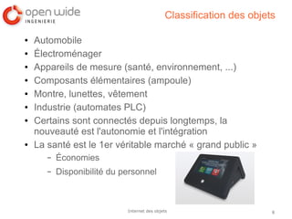 8Internet des objets
Classification des objets
● Automobile
● Électroménager
● Appareils de mesure (santé, environnement, ...)
● Composants élémentaires (ampoule)
● Montre, lunettes, vêtement
● Industrie (automates PLC)
● Certains sont connectés depuis longtemps, la
nouveauté est l'autonomie et l'intégration
● La santé est le 1er véritable marché « grand public »
– Économies
– Disponibilité du personnel
 
