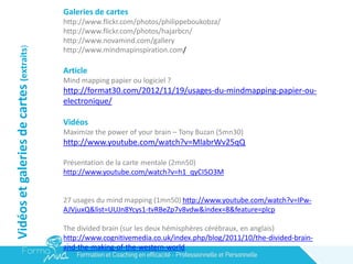 Galeries de cartes
http://www.flickr.com/photos/philippeboukobza/
http://www.flickr.com/photos/hajarbcn/
http://www.novamind.com/gallery
http://www.mindmapinspiration.com/
Article
Mind mapping papier ou logiciel ?
http://format30.com/2012/11/19/usages-du-mindmapping-papier-ou-
electronique/
Vidéos
Maximize the power of your brain – Tony Buzan (5mn30)
http://www.youtube.com/watch?v=MlabrWv25qQ
Présentation de la carte mentale (2mn50)
http://www.youtube.com/watch?v=h1_qyCI5O3M
27 usages du mind mapping (1mn50) http://www.youtube.com/watch?v=IPw-
AJVjuxQ&list=UUJn8Ycys1-tvRBeZp7v8vdw&index=8&feature=plcp
The divided brain (sur les deux hémisphères cérébraux, en anglais)
http://www.cognitivemedia.co.uk/index.php/blog/2011/10/the-divided-brain-
and-the-making-of-the-western-world
Vidéosetgaleriesdecartes(extraits)
 