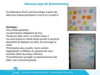 Nouveau type de Brainstorming
Co-élaboration d’une carte heuristique à partir des
idées que chaque participant a inscrit sur un post-it.
Avantages :
•Plus d’idées générées
•La participation obligatoire de tous
•Toutes les idées sont « au même niveau »
•La carte évolue en même temps qu’elle se construit
(possibilité de déplacer les idées, de réarranger la
carte)
•Présentation plus visuelle, moins scolaire
•Approfondir la réflexion en ajoutant des sous-
branches (idées de niveau inférieur)
•Compréhension partagée car positionnement des
idées avec l’accord du groupe
 