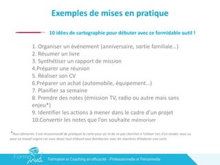 Exemples de mises en pratique
1 10 idées de cartographie pour débuter avec ce formidable outil !
1. Organiser un événement (anniversaire, sortie familiale…)
2. Résumer un livre
3. Synthétiser un rapport de mission
4.Préparer une réunion
5. Réaliser son CV
6.Préparer un achat (automobile, équipement…)
7. Planifier sa semaine
8. Prendre des notes (émission TV, radio ou autre mais sans
enjeu*)
9. Identifier les actions à mener dans le cadre d’un projet
10.Convertir les notes que l’on souhaite mémoriser
*Pour démarrer, il est recommandé de pratiquer la carte pour soi et de ne pas chercher à l’utiliser lors d’un rendez-vous ou
pour un travail urgent car vous devez tout d’abord vous familiariser avec les manières d’élaborer une carte.
 