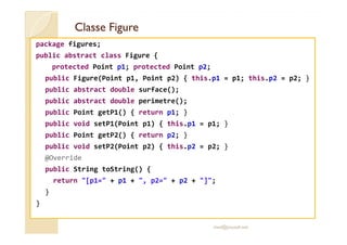 Classe FigureClasse Figure
package figures;
public abstract class Figure {
protected Point p1; protected Point p2;
public Figure(Point p1, Point p2) { this.p1 = p1; this.p2 = p2; }
public abstract double surface();
public abstract double perimetre();
public Point getP1() { return p1; }
public void setP1(Point p1) { this.p1 = p1; }public void setP1(Point p1) { this.p1 = p1; }
public Point getP2() { return p2; }
public void setP2(Point p2) { this.p2 = p2; }
@Override
public String toString() {
return "[p1=" + p1 + ", p2=" + p2 + "]";
}
}
med@youssfi.net
 