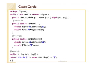 Classe CercleClasse Cercle
package figures;
public class Cercle extends Figure {
public Cercle(Point p1, Point p2) { super(p1, p2); }
@Override
public double surface() {
double rayon=p1.distance(p2);
return Math.PI*rayon*rayon;
}}
@Override
public double perimetre() {
double rayon=p1.distance(p2);
return 2*Math.PI*rayon;
}
@Override
public String toString() {
return "Cercle [" + super.toString() + "]";
} } med@youssfi.net
 