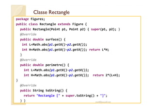 Classe RectangleClasse Rectangle
package figures;
public class Rectangle extends Figure {
public Rectangle(Point p1, Point p2) { super(p1, p2); }
@Override
public double surface() {
int L=Math.abs(p1.getX()-p2.getX());
int H=Math.abs(p1.getX()-p2.getX()); return L*H;
}}
@Override
public double perimetre() {
int L=Math.abs(p1.getX()-p2.getX());
int H=Math.abs(p1.getX()-p2.getX()); return 2*(L+H);
}
@Override
public String toString() {
return "Rectangle [" + super.toString() + "]";
} } med@youssfi.net
 