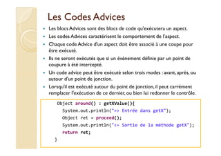 Les CodesLes Codes AdvicesAdvices
Les blocs Advices sont des blocs de code qu'exécutera un aspect.
Les codes Advices carac...