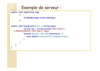 Exemple de serveur :Exemple de serveur :
public void Log(string msg)
{
listBoxMessages.Items.Add(msg);
}
public void Braod...