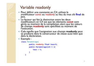 Variable readonlyVariable readonly
Pour définir une constante en C#, utilisez le
modificateur const ou readonly au lieu du...
