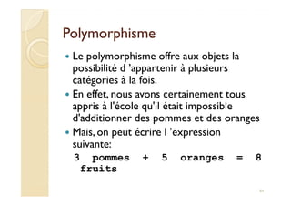 PolymorphismePolymorphisme
Le polymorphisme offre aux objets la
possibilité d ’appartenir à plusieurs
catégories à la fois...