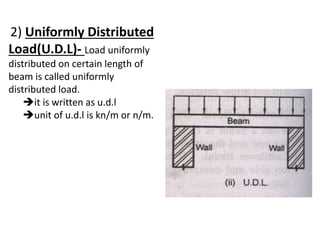 2) Uniformly Distributed
Load(U.D.L)- Load uniformly
distributed on certain length of
beam is called uniformly
distributed load.
it is written as u.d.l
unit of u.d.l is kn/m or n/m.
 
