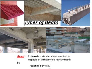 Types of Beam
Beam :- A beam is a structural element that is
capable of withstanding load primarily
by
resisting bending.
 