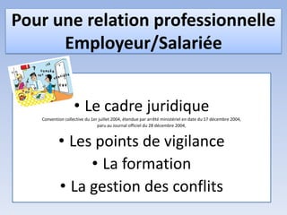 Pour une relation professionnelle
Employeur/Salariée
• Le cadre juridique
Convention collective du 1er juillet 2004, étendue par arrêté ministériel en date du 17 décembre 2004,
paru au Journal officiel du 28 décembre 2004,
• Les points de vigilance
• La formation
• La gestion des conflits
 