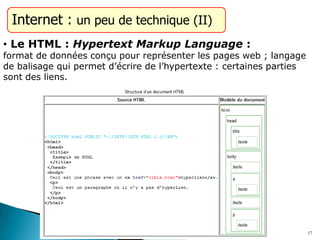 Internet : un peu de technique (II)
• Le HTML : Hypertext Markup Language :
format de données conçu pour représenter les pages web ; langage
de balisage qui permet d’écrire de l’hypertexte : certaines parties
sont des liens.
17
 