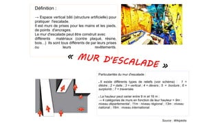 Définition :
→ Espace vertical bâti (structure artificielle) pour
pratiquer l'escalade.
Il est muni de prises pour les mains et les pieds,
de points d'ancrages.
Le mur d'escalade peut être construit avec
différents matériaux (contre plaqué, résine,
bois...) Ils sont tous différents de par leurs prises
ou leurs revêtements.
Particularités du mur d'escalade :
● Il existe différents types de reliefs (voir schéma) : 1 =
dièdre ; 2 = dalle ; 3 = vertical ; 4 = dévers ; 5 = bordure ; 6 =
surplomb ; 7 = traversée.
● La hauteur peut varier entre 9 m et 16 m :
→ 4 catégories de murs en fonction de leur hauteur = 9m :
niveau départemental ; 11m : niveau régional ; 13m : niveau
national ; 16m : niveau international.
Source : Wikipédia
 
