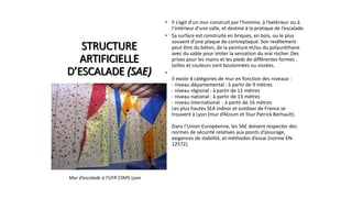 Mur d’escalade à l’UFR STAPS Lyon
STRUCTURE
ARTIFICIELLE
D’ESCALADE (SAE)
• Il s’agit d’un mur construit par l’homme, à l’extérieur ou à
l’intérieur d’une salle, et destiné à la pratique de l’escalade.
• Sa surface est construite en briques, en bois, ou le plus
souvent d’une plaque de contreplaqué. Son revêtement
peut être du béton, de la peinture et/ou du polyuréthane
avec du sable pour imiter la sensation du vrai rocher. Des
prises pour les mains et les pieds de différentes formes ,
tailles et couleurs sont boulonnées ou vissées.
•
Il existe 4 catégories de mur en fonction des niveaux :
- niveau départemental : à partir de 9 mètres
- niveau régional : à partir de 11 mètres
- niveau national : à partir de 13 mètres
- niveau international : à partir de 16 mètres
Les plus hautes SEA indoor et outdoor de France se
trouvent à Lyon (mur d’Alzium et Tour Patrick Berhault).
Dans l’Union Européenne, les SAE doivent respecter des
normes de sécurité relatives aux points d’assurage,
exigences de stabilité, et méthodes d’essai (norme EN-
12572).
 