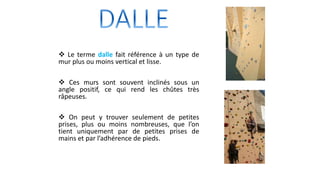  Le terme dalle fait référence à un type de
mur plus ou moins vertical et lisse.
 Ces murs sont souvent inclinés sous un
angle positif, ce qui rend les chûtes très
râpeuses.
 On peut y trouver seulement de petites
prises, plus ou moins nombreuses, que l’on
tient uniquement par de petites prises de
mains et par l’adhérence de pieds.
 