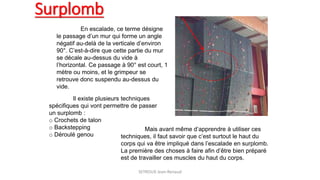 Surplomb
Il existe plusieurs techniques
spécifiques qui vont permettre de passer
un surplomb :
o Crochets de talon
o Backstepping
o Déroulé genou
SEYROUX Jean-Renaud
En escalade, ce terme désigne
le passage d’un mur qui forme un angle
négatif au-delà de la verticale d’environ
90°. C’est-à-dire que cette partie du mur
se décale au-dessus du vide à
l’horizontal. Ce passage à 90° est court, 1
mètre ou moins, et le grimpeur se
retrouve donc suspendu au-dessus du
vide.
Mais avant même d’apprendre à utiliser ces
techniques, il faut savoir que c’est surtout le haut du
corps qui va être impliqué dans l’escalade en surplomb.
La première des choses à faire afin d’être bien préparé
est de travailler ces muscles du haut du corps.
 