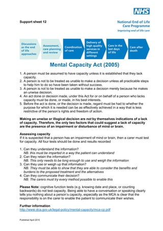 Support sheet 12

Mental Capacity Act (2005)
1. A person must be assumed to have capacity unless it is established that they lack
capacity.
2. A person is not to be treated as unable to make a decision unless all practicable steps
to help him to do so have been taken without success.
3. A person is not to be treated as unable to make a decision merely because he makes
an unwise decision.
4. An act done or decision made, under this Act for or on behalf of a person who lacks
capacity must be done, or made, in his best interests.
5. Before the act is done, or the decision is made, regard must be had to whether the
purpose for which it is needed can be as effectively achieved in a way that is less
restrictive of the person’s rights and freedom of action.
Making an unwise or illogical decision are not by themselves indications of a lack
of capacity. Therefore, the only two factors that could suggest a lack of capacity
are the presence of an impairment or disturbance of mind or brain.
Assessing capacity
If it is suspected that a person has an impairment of mind or brain, then a carer must test
for capacity. All four tests should be done and results recorded
1. Can they understand the information?
NB. this must be imparted in a way the patient can understand
2. Can they retain the information?
NB. This only needs to be long enough to use and weigh the information
3. Can they use or weigh up that information?
NB. They must be able to show that they are able to consider the benefits and
burdens to the proposed treatment and the alternatives
4. Can they communicate their decision?
NB. The carers must try every method possible to enable this
Please Note: cognitive function tests (e.g. knowing date and place, or counting
backwards) do not test capacity. Being able to have a conversation or speaking clearly
tells you nothing about a person’s capacity, especially as the MCA is clear that the
responsibility is on the carer to enable the patient to communicate their wishes.
Further information
http://www.dca.gov.uk/legal-policy/mental-capacity/mca-cp.pdf
Published April 2010

 