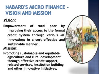 Vision:Vision:
Empowerment of rural poor byEmpowerment of rural poor by
improving their access to the formalimproving their access to the formal
credit system through various MFcredit system through various MF
innovations in a cost effective andinnovations in a cost effective and
sustainable manner .sustainable manner .
Mission:Mission:
Promoting sustainable and equitablePromoting sustainable and equitable
agriculture and rural developmentagriculture and rural development
through effective credit support,through effective credit support,
related services, institution buildingrelated services, institution building
and other innovative initiatives.and other innovative initiatives.
 