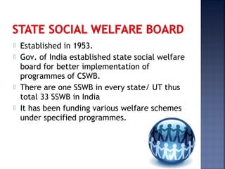  Established in 1953.
 Gov. of India established state social welfare
board for better implementation of
programmes of CSWB.
 There are one SSWB in every state/ UT thus
total 33 SSWB in India
 It has been funding various welfare schemes
under specified programmes.
 