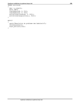Systèmes multitâches et systèmes temps réel -36-
Systèmes multitâches et systèmes temps réel
TACHE init(void)
{
Sem = s_cree(1);
bS=0; bN=0;
cree(babouinN, 2, 512);
cree(babouinS, 2, 512);
active(cree(traverse, 1, 512));
active(cree(acquisition,1, 512));
}
main()
{
cputs("Resolution du probleme des baboinsn");
InitSimulateur();
start_mtr(init,512);
}
 