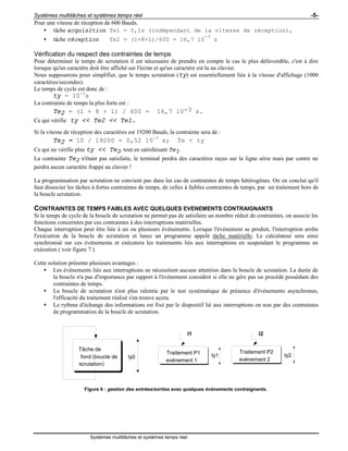 Systèmes multitâches et systèmes temps réel -5-
Systèmes multitâches et systèmes temps réel
Pour une vitesse de réception de 600 Bauds.
• tâche acquisition Te1 = 0,1s (indépendant de la vitesse de réception),
• tâche réception Te2 = (1+8+1)/600 = 16,7 10
-3
s
Vérification du respect des contraintes de temps
Pour déterminer le temps de scrutation il est nécessaire de prendre en compte le cas le plus défavorable, c'est à dire
lorsque qu'un caractère doit être affiché sur l'écran et qu'un caractère est lu au clavier.
Nous supposerons pour simplifier, que le temps scrutation (ty) est essentiellement liée à la vitesse d'affichage (1000
caractères/secondes).
Le temps de cycle est donc de :
ty = 10-3
s
La contrainte de temps la plus forte est :
Te2 = (1 + 8 + 1) / 600 = 16,7 10-3 s.
Ce qui vérifie ty << Te2 << Te1.
Si la vitesse de réception des caractères est 19200 Bauds, la contrainte sera de :
Te2 = 10 / 19200 = 0,52 10
-3
s; Te < ty
Ce qui ne vérifie plus ty << Te2, tout en satisfaisant Te1.
La contrainte Te2 n'étant pas satisfaite, le terminal perdra des caractères reçus sur la ligne série mais par contre ne
perdra aucun caractère frappé au clavier !
La programmation par scrutation ne convient pas dans les cas de contraintes de temps hétérogènes. On en conclut qu'il
faut dissocier les tâches à fortes contraintes de temps, de celles à faibles contraintes de temps, par un traitement hors de
la boucle scrutation.
CONTRAINTES DE TEMPS FAIBLES AVEC QUELQUES EVENEMENTS CONTRAIGNANTS
Si le temps de cycle de la boucle de scrutation ne permet pas de satisfaire un nombre réduit de contraintes, on associe les
fonctions concernées par ces contraintes à des interruptions matérielles.
Chaque interruption peut être liée à un ou plusieurs événements. Lorsque l'événement se produit, l'interruption arrête
l'exécution de la boucle de scrutation et lance un programme appelé tâche matérielle. Le calculateur sera ainsi
synchronisé sur ces événements et exécutera les traitements liés aux interruptions en suspendant le programme en
exécution ( voir figure 7 ).
Cette solution présente plusieurs avantages :
• Les événements liés aux interruptions ne nécessitent aucune attention dans la boucle de scrutation. La durée de
la boucle n'a pas d'importance par rapport à l'événement considéré si elle ne gère pas un procédé possédant des
contraintes de temps.
• La boucle de scrutation n'est plus ralentie par le test systématique de présence d'événements asynchrones,
l'efficacité du traitement réalisé s'en trouve accru.
• Le rythme d'échange des informations est fixé par le dispositif lié aux interruptions en non par des contraintes
de programmation de la boucle de scrutation.
Tâche de
fond (boucle de
scrutation)
Traitement P1
evénement 1
Traitement P2
evénement 2ty0 ty1 ty2
I1 I2
Figure 6 : gestion des entrées/sorties avec quelques événements contraignants.
 