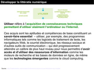 Utiliser réfère à l’acquisition de connaissances techniques
permettant d’utiliser aisément l’ordinateur ou l’Internet.
Ces acquis sont les aptitudes et compétences de base constituant un
savoir-faire essentiel – utiliser, par exemple, des programmes
informatiques tels comme les logiciels de traitement de texte, les
navigateurs Web, le courriel électronique, les réseaux sociaux et
d’autres outils de communication – qui doit progressivement
atteindre un calibre de plus haut niveau pour nous permettre d’avoir
accès et d’utiliser des ressources d’information comme les
moteurs de recherche et les bases de données en ligne, de même
que les technologies émergentes comme le cloud computing.
Source : http://habilomedias.ca/principes-fondamentaux/quest-ce-que-leducation-aux-medias
Développer la littératie numérique
 