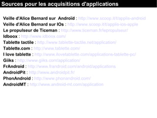 Veille d'Alice Bernard sur Androïd : http://www.scoop.it/t/applis-android
Veille d'Alice Bernard sur IOs : http://www.scoop.it/t/applis-ios-apple
Le propulseur de Ticeman : http://www.ticeman.fr/lepropulseur/
Idboox : http://www.idboox.com/
Tablette tactile : http://www.tablette-tactile.net/application/
Tablette.com : http://www.tablette.com/
I love tablette : http://www.ilovetablette.com/applications-tablette-pc/
Giiks : http://www.giiks.com/application/
FrAndroid : http://www.frandroid.com/android/applications
AndroidPit : http://www.androidpit.fr/
PhonAndroid : http://www.phonandroid.com/
AndroidMT : http://www.android-mt.com/application
Sources pour les acquisitions d'applications
 