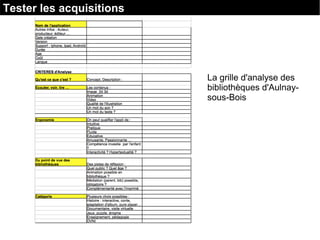 Tester les acquisitions
La grille d'analyse des
bibliothèques d'Aulnay-
sous-Bois
 