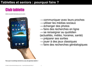 Tablettes et seniors : pourquoi faire ?
→ communiquer avec leurs proches
→ utiliser les médias sociaux
→ échanger des photos
→ faire des recherches en ligne
→ se renseigner au quotidien
(actualités, météo, horaires, santé)
→ préparer ses sorties
→ jouer à des jeux classiques
→ faire des recherches généalogiques
 