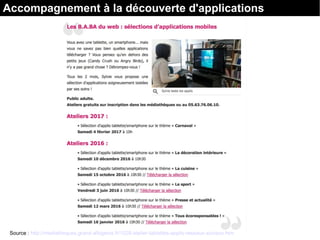 Accompagnement à la découverte d'applications
Source : http://mediatheques.grand-albigeois.fr/1028-atelier-tablettes-applis-reseaux-sociaux.htm
 