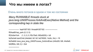 Что мы имеем в логах?
Очень много потоков в одном и том же состоянии
Many RUNNABLE threads stuck at
java.lang.UNIXProcess.forkAndExec(Native Method) and the
corresponding lwp in state like
----------------- lwp# 957183 / thread# 957183 --------------------

ff24aa68 lwp_park (0, 0, 0)
ff23c6a4 fork

(1, 0, 0, 0, ff2c79a0, 992a9200) + b8

fe25a3a8 startChild (44e9e8, fdf, fdf, fe278000, 1dc6c, fdc) + 18
fe25a6b8 Java_java_lang_UNIXProcess_forkAndExec (44bd28, fd8, 44e9e8,

940ff65c, fd9, 0) + 2b4
----------------58

Copyright © 2013, Oracle and/or its affiliates. All rights reserved.

 