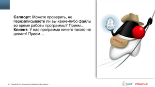 Саппорт: Можете проверить, не
перезаписываете ли вы какие-либо файлы
во время работы программы? Прием…
Клиент: У нас программа ничего такого не
делает! Прием…

99

Copyright © 2013, Oracle and/or its affiliates. All rights reserved.

 