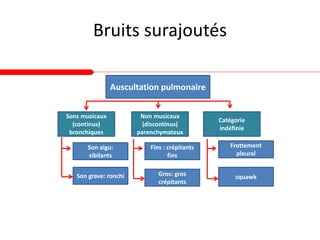 Bruits surajoutés
Auscultation pulmonaire
Sons musicaux
(continus)
bronchiques
Non musicaux
(discontinus)
parenchymateux
Catégorie
indéfinie
Son aigu:
sibilants
Fins : crépitants
fins
Gros: gros
crépitants
Son grave: ronchi
Frottement
pleural
squawk
 