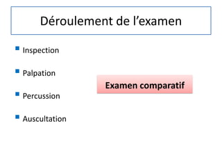 Déroulement de l’examen
 Inspection
 Palpation
 Percussion
 Auscultation
Examen comparatif
 