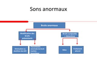 Sons anormaux
Bruits anormaux
Modification des
bruits
préexistants
Bruits surajoutés
= Adventices
Diminution ou
abolition des MV
Râles
Frottement
pleural
Transmission
anormale du bruit
trachéo-
bronchique
 