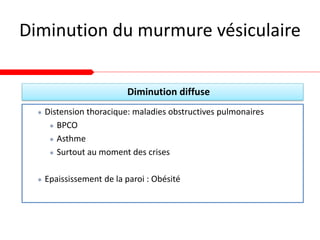Diminution du murmure vésiculaire
 Distension thoracique: maladies obstructives pulmonaires
 BPCO
 Asthme
 Surtout au moment des crises
 Epaississement de la paroi : Obésité
Diminution diffuse
 