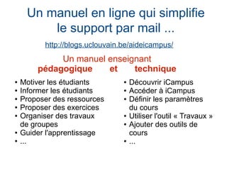 Un manuel en ligne qui simplifie
le support par mail ...
http://blogs.uclouvain.be/aideicampus/
● Motiver les étudiants
● Informer les étudiants
● Proposer des ressources
● Proposer des exercices
● Organiser des travaux
de groupes
● Guider l'apprentissage
● ...
● Découvrir iCampus
● Accéder à iCampus
● Définir les paramètres
du cours
● Utiliser l'outil « Travaux »
● Ajouter des outils de
cours
● ...
Un manuel enseignant
pédagogique et technique
 