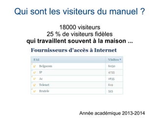 Année académique 2013-2014
18000 visiteurs
25 % de visiteurs fidèles
qui travaillent souvent à la maison ...
Qui sont les visiteurs du manuel ?
 