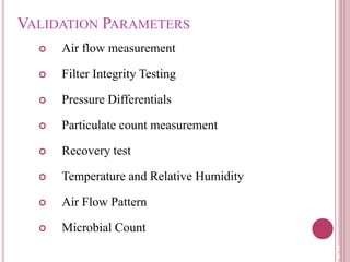  Air flow measurement
 Filter Integrity Testing
 Pressure Differentials
 Particulate count measurement
 Recovery test
 Temperature and Relative Humidity
 Air Flow Pattern
 Microbial Count
2
6
VALIDATION PARAMETERS
 