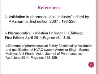  Validation in pharmaceutical industry” edited by
P.P.sharma ;first edition 2007 ; 193-220.
References
Pharmaceutical validation Dr.Sohan S. Chitlange
First Edition April 2014,Page no :5.1-5.40.
Demand of pharmaceutical facility functionality: Validation
and qualification of HVAC system Anamika Singh, Sapna
Malviya, Anil Kharia, Asian Journal of Pharmaceutics -
April-June 2014 Page no: 125-129.
34
 