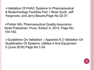 Validation Of HVAC Systems In Pharmaceutical
& Biotechnology Facilities Part 1 Brian Scott, Jeff
Hargroves, and Jerry Bauers,Page No:32-37.
Guidelines On Validation – Appendix 6 3 Validation On
Qualification Of Systems, Utilities 4 And Equipment
5 (June 2016) Page No:1-24.
Potdar MA. Pharmaceutical Quality Assurance,
Nirali Prakashan, Pune, Edition II, 2012. Page No:
154-162.
35
 