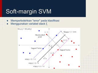 Soft-margin SVM
● Memperbolehkan "error" pada klasifikasi
● Menggunakan variabel slack ξ
 